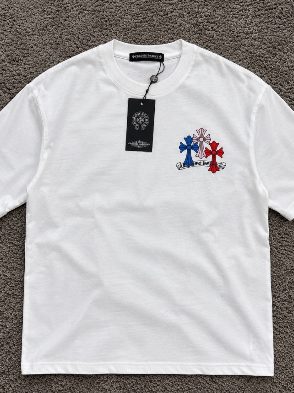 Chrome Hearts White Tee with Red, Blue, and Pink Cross Embroidery